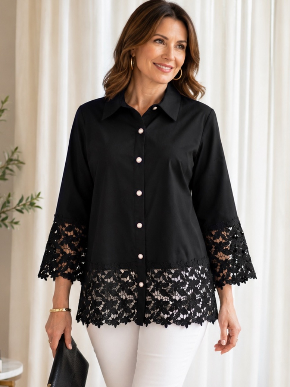 Colleen Lopez Black Lace Trim Button Front Top | NWOT | Size L
